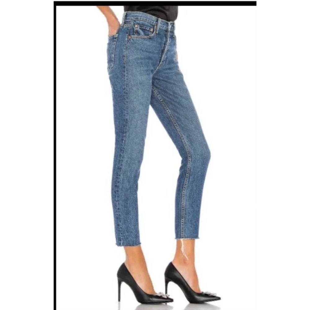 Grlfrnd Denim Blue Jeans Karolina Dark Wash Size 24 Raw Hem‎ Forget Me Never